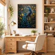 Home office mockup of blue peacock botanical canvas wall art above a wood desk