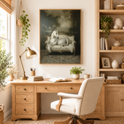 Home office mockup of white horse on sofa canvas wall art above a wood desk
