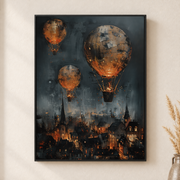 Framed canvas wall art depicting weathered hot air balloons drifting above a smoky city glowing with orange fire on a neutral wall