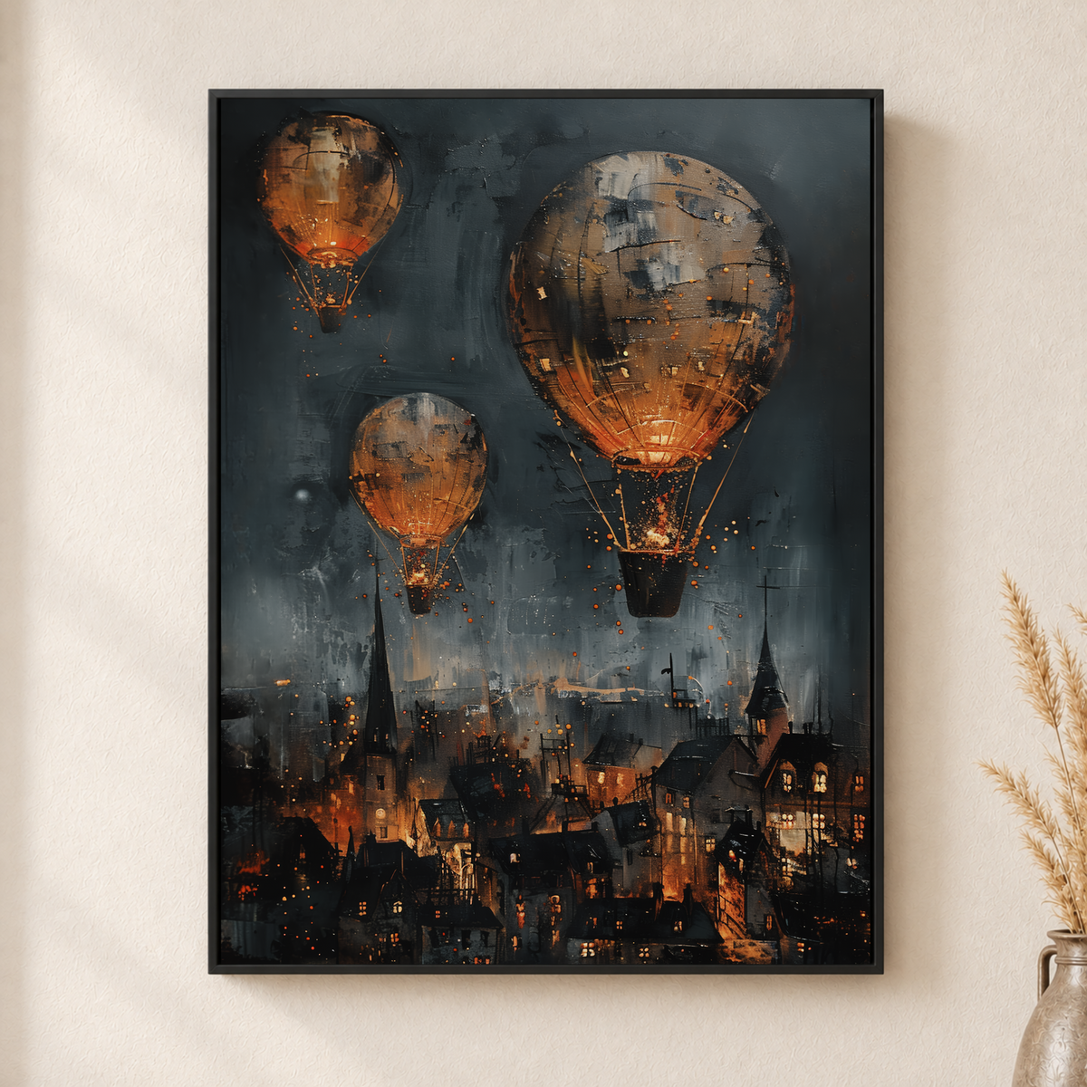 Dark Fantasy Canvas Wall Art – Hot Air Balloons over Burning City