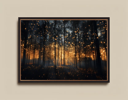 Magical Forest Art Print – Enchanted Night Landscape Canvas With Firefly Wall Decor