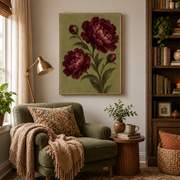 Reading nook mockup of burgundy peony botanical canvas wall art above an armchair