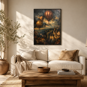 Living room mockup of hot air balloons over village canvas wall art above a light sofa