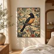 Bedroom mockup of orange songbird botanical canvas wall art in a softly lit neutral room