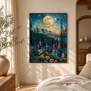 Bedroom mockup of full moon mountain wildflowers canvas wall art in a softly lit neutral room