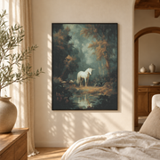 Bedroom mockup of white unicorn by stream canvas wall art in a softly lit neutral room