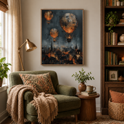 Reading nook mockup of hot air balloons over burning city canvas wall art above an armchair