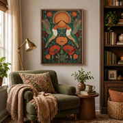 Reading nook mockup of art nouveau moth and poppy canvas wall art above an armchair