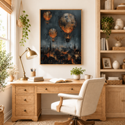 Home office mockup of hot air balloons over burning city canvas wall art above a wood desk