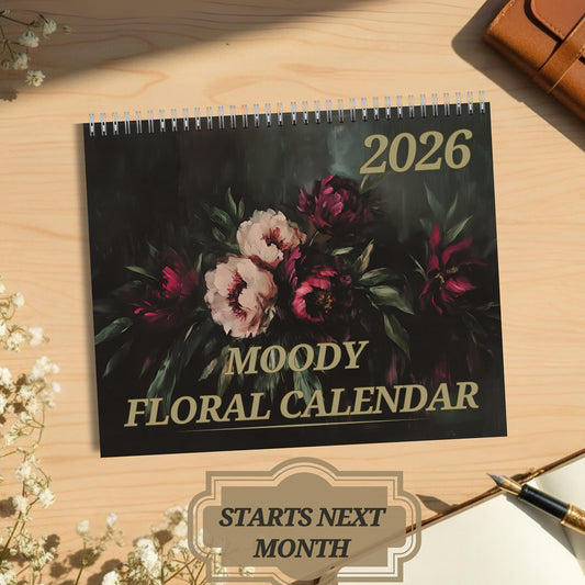 Moody Floral Wall Art Calendar, Dark Academia Decor Office Gift,