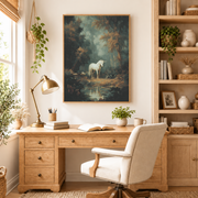 Home office mockup of white unicorn by stream canvas wall art above a wood desk