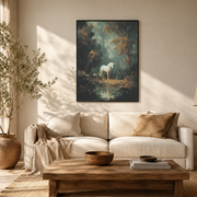 Living room mockup of white unicorn by stream canvas wall art above a light sofa