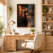 Home office mockup of rainy storefront umbrella canvas wall art above a wood desk