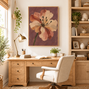 Home office mockup of peach blossom canvas wall art above a wood desk