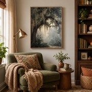 Reading nook mockup of mossy tree archway canvas wall art above an armchair