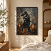 Bedroom mockup of couple embracing in fire canvas wall art in a softly lit neutral room