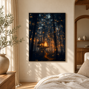 Bedroom mockup of glowing tent in firefly forest canvas wall art in a softly lit neutral room