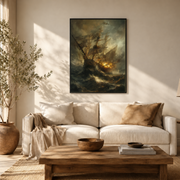 Living room mockup of stormy sailing ship canvas wall art above a light sofa