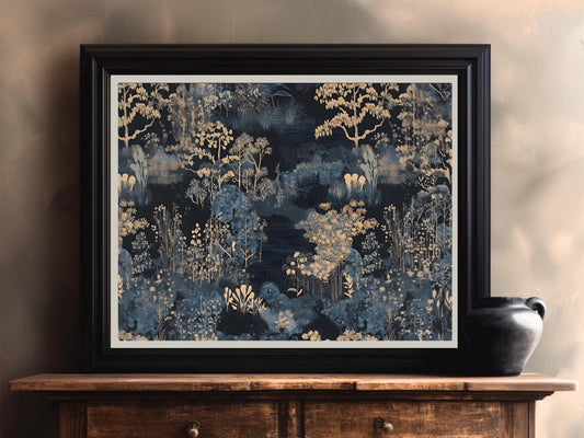Botanical Forest Wall Art – Dark Tapestry - Style Gold & Navy Woodland Print, Moody Vintage Nature Poster or Canvas Decor moody dark maximalist wall art – Sunrise Art Creations