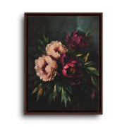 Burgundy and blush peony canvas artwork in a dark brown floating frame