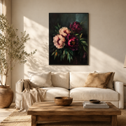 Burgundy peony canvas wall art above a beige sofa in a bright living room