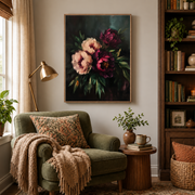 Burgundy peony canvas art above an olive green armchair in a cozy reading corner