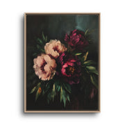 Burgundy and blush peony canvas artwork in a natural wood floating frame