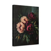 Unframed gallery wrapped canvas with burgundy and blush peonies, shown at an angle