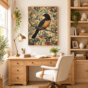 Home office mockup of orange songbird botanical canvas wall art above a wood desk