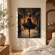 Bedroom mockup of ballerina in cathedral canvas wall art in a softly lit neutral room