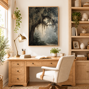 Home office mockup of mossy tree archway canvas wall art above a wood desk