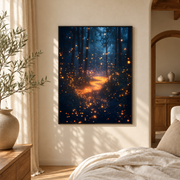 Bedroom mockup of blue firefly forest path canvas wall art in a softly lit neutral room