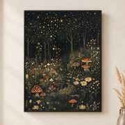Framed canvas wall art depicting glowing mushrooms and tiny wildflowers scattered beneath dark pine trunks on a neutral wall