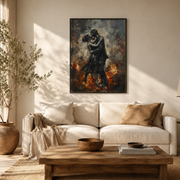 Living room mockup of couple embracing in fire canvas wall art above a light sofa