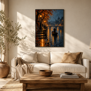Living room mockup of rainy canal at night canvas wall art above a light sofa