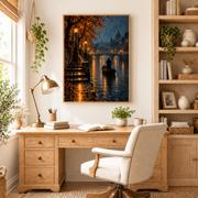 Home office mockup of rainy canal at night canvas wall art above a wood desk
