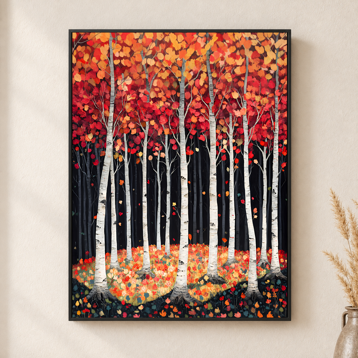 Autumn Birch Forest Canvas Wall Art – Red and Orange Woodland