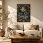 Living room mockup of sun and moon botanical canvas wall art above a light sofa