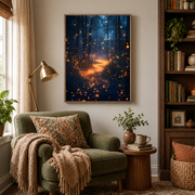Reading nook mockup of blue firefly forest path canvas wall art above an armchair