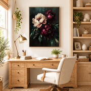Home office mockup of burgundy and cream peony canvas wall art above a wood desk