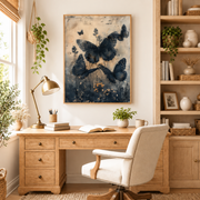 Home office mockup of black butterfly canvas wall art above a wood desk