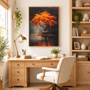 Home office mockup of orange tree lake reflection canvas wall art above a wood desk