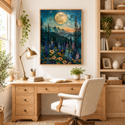 Home office mockup of full moon mountain wildflowers canvas wall art above a wood desk