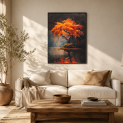 Living room mockup of orange tree lake reflection canvas wall art above a light sofa