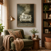 Reading nook mockup of white horse on sofa canvas wall art above an armchair