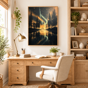 Home office mockup of northern lights lake canvas wall art above a wood desk