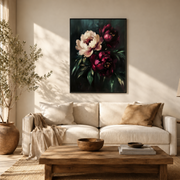 Living room mockup of burgundy and cream peony canvas wall art above a light sofa