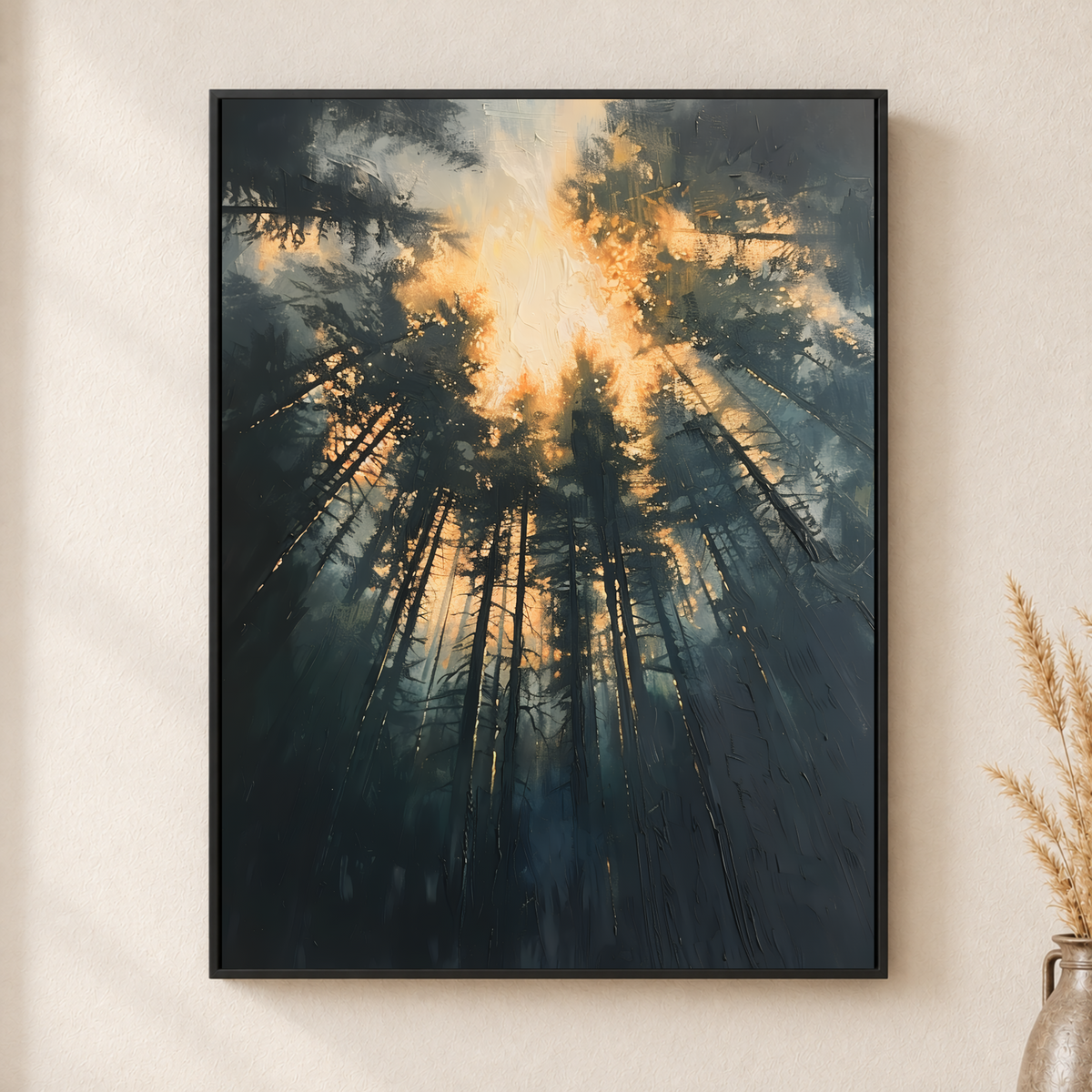 Forest Sunlight Canvas Wall Art – Golden Rays Through Pine Trees