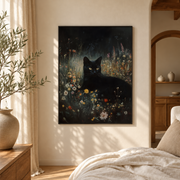 Bedroom mockup of black cat in wildflowers canvas wall art in a softly lit neutral room