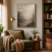 Reading nook mockup of neutral foggy forest canvas wall art above an armchair